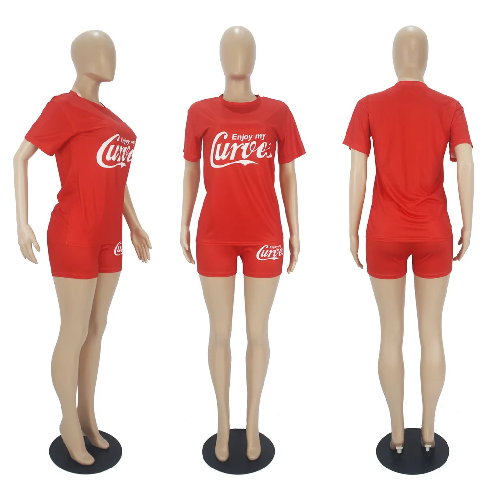 

Activewear Athleisure Outfits Women Two Piece Sport Suit Letter Pattern Print Short Sleeve T-shirt and Biker Short Running Sets