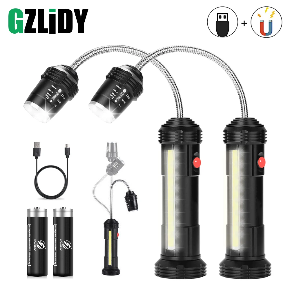 Waterproof COB Work Light USB Rechargeable LED Flashlight with Magnet Barbecue Lamp Zoom Camping Lantern Powerful 4 Modes Torch | Лампы и