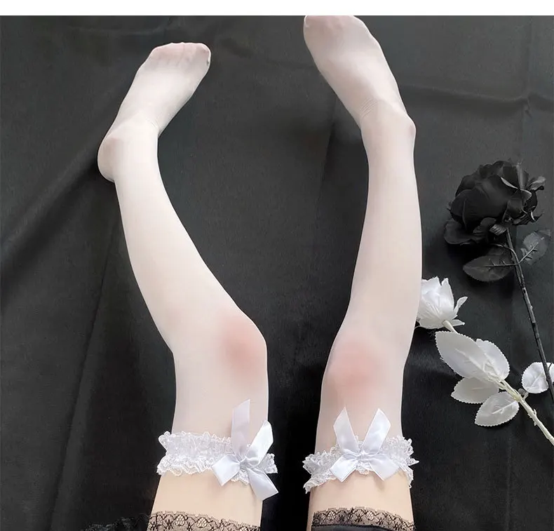 

Pure Lovely Bow Over Knee Lolita Socks White Sexy Suspender Tube Silk Thigh High Cute Maid Stocking Transparent Stockings