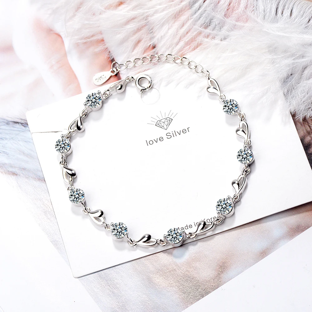 Фото 925 серебряные циркониевые браслеты в форме сердца женский подарок на день