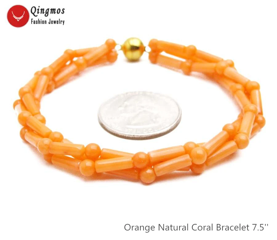 

Qingmos Fashion Natural 3*9mm Thick Slice Orange Coral Bracelet for Women with 4mm Round Coral Jewelry 3 Strands Bracelet 7.5''