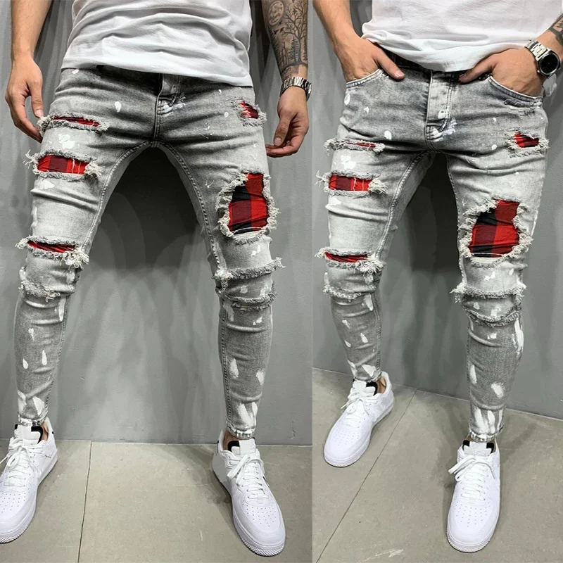 Men's printed jeans with holes, patch and elastic feet, new fashion men's casual ripped skinny jeans