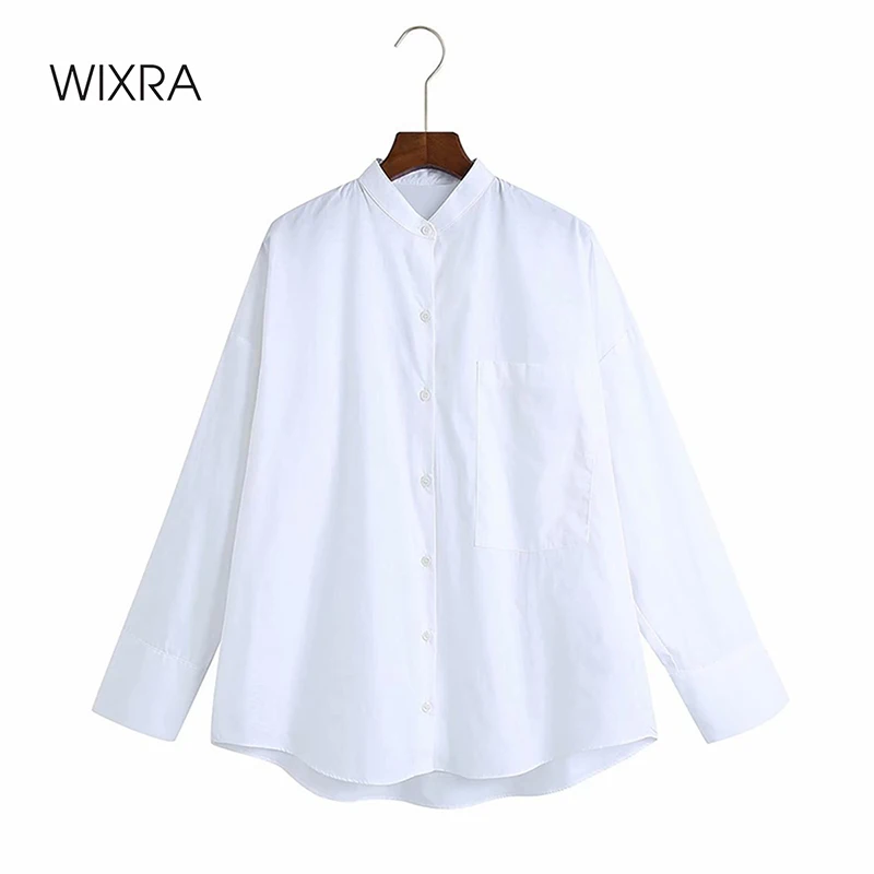 

Wixra Spring Summer White Shirts Stand Collar Loose Long Sleeve Casual OL Style Tops For Ladies