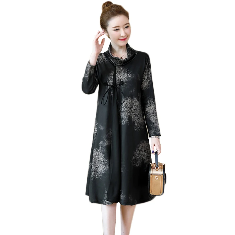 

2020 New Spring Autumn Dress Vintage Print Women's Loose Female Vestidos Elegant Long Sleeve ladies Dress A725