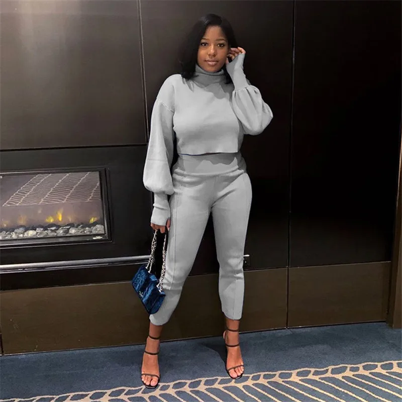 

Two Piece Women Sets Tracksuit Fashion Turtleneck Loose Tops and High Waisted Trousers Leisure Sweatsuits Wholesale Dropshipping