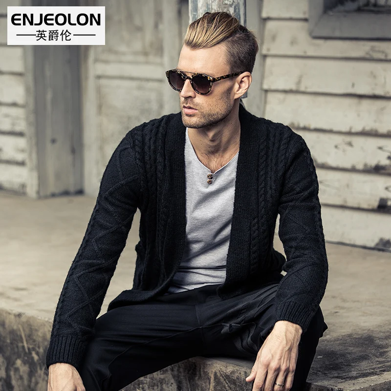 Бренд Enjeolon, топ, Осень-зима, теплый вязаный пуловер, свитер для мужчин, 100 хлопок, пуловер с круглым вырезом, мужской свитер MY3227 - Цвет: MY3036 Black