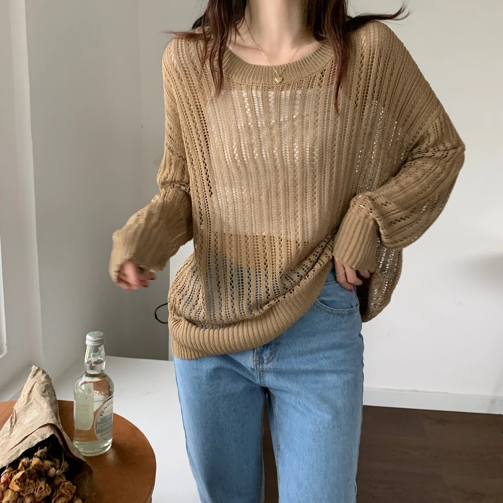 

Spring Summer Harajuku O Neck Hollow Out Thin Sweaters Women Casual Solid Color Through Loose Knittwear Female Pullover Clothes
