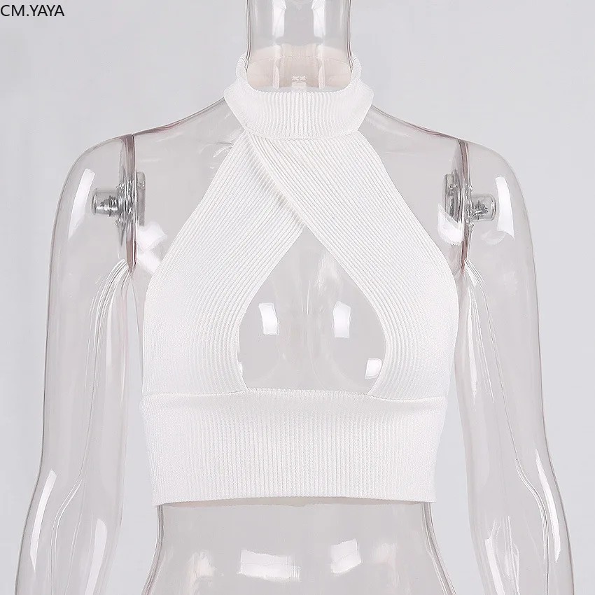 CM.YAYA women summer sexy cut out open back halter neck party club crop tops beach knitted camis | Женская одежда