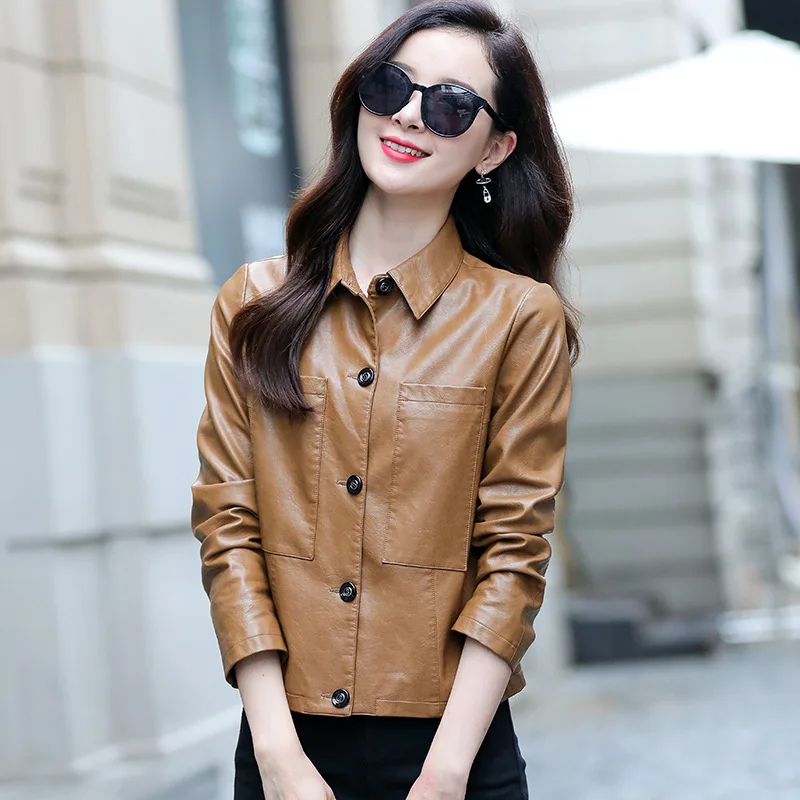 

2021 модная куртка из искусственной кожи, осенне-весеннее Женское пальто с отворотом и большими карманами, повседневное пальто в стиле ретро, ...