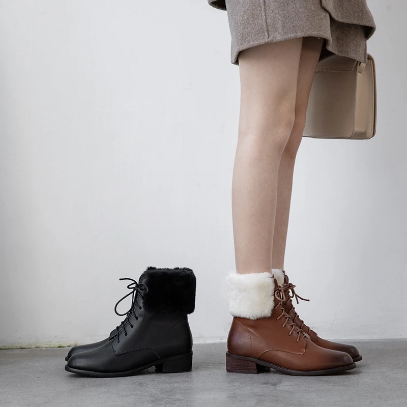 

Genuine Leather Women 2020 Winter Fur Warm Snow Boots Ladies Warm Wool Booties Ankle Boot Comfortable Shoes Lace-up Women Boots