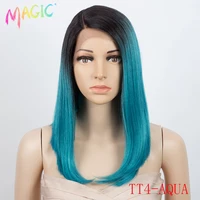magic synthetic lace wig straight hair wigs 14 inch bob wig ombre blue wigs for black women heat resistant cosplay wigs