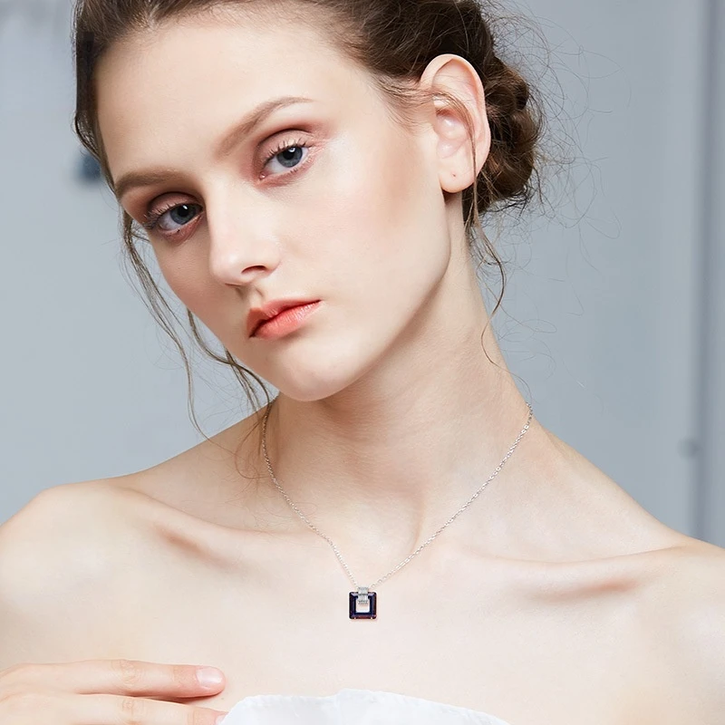 

Ring Square Design Crystal Necklaces for Women Authentic 925 Sterling Silver Fine Jewellery Women Accessories Necklace Silver