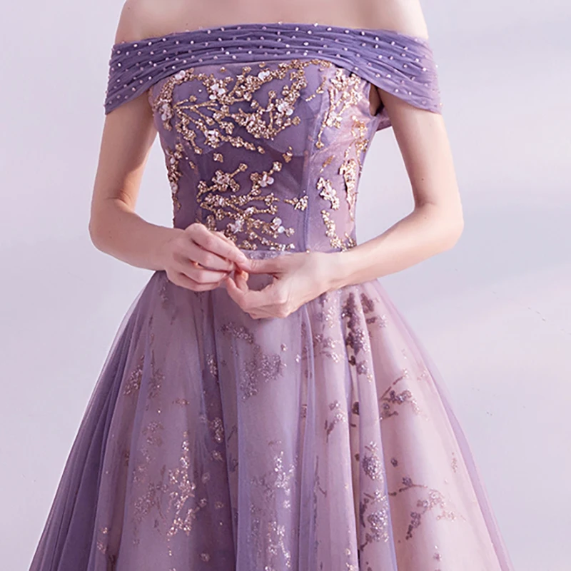 

Purple Luxury Evening Dress Off The Shoulder Illusion Pleat Sequined Beading Ball Gown Tulle Elegant Lady Formal Dresses TS166