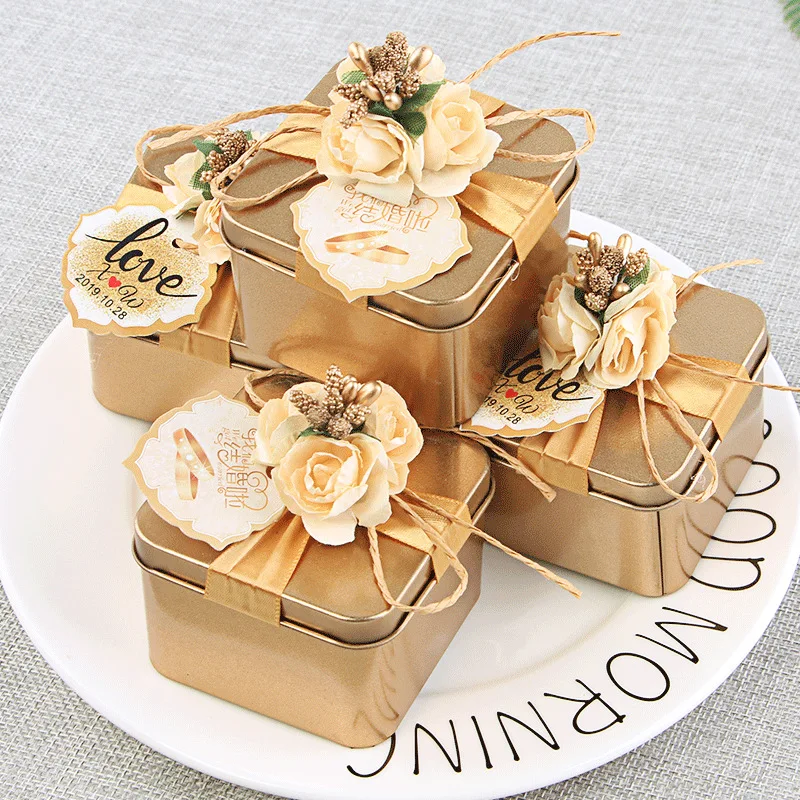 

5pcs Customized Iron Dragees Candy Boxes Artificial Flower Wedding Party Favors Wrapping Box Christmas Valentine's Gift Pack Bag