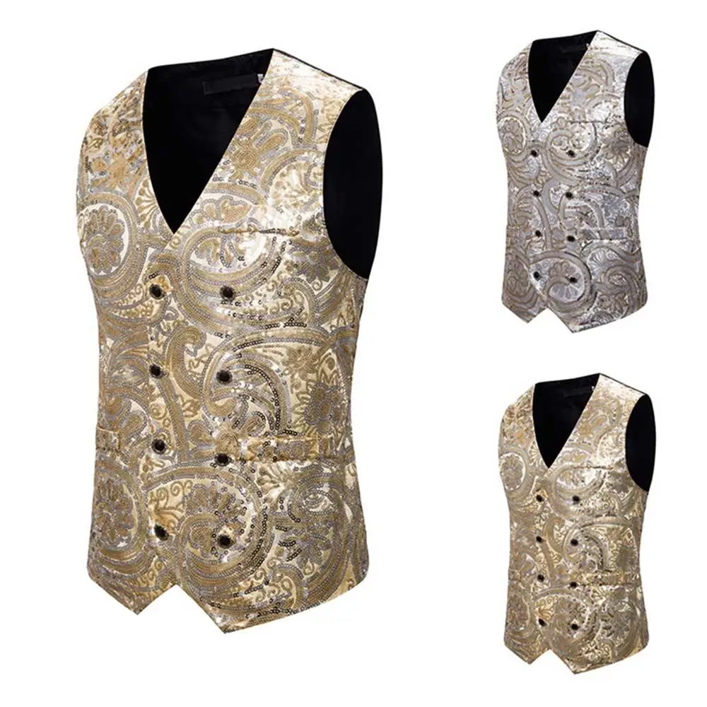 Мужской костюм с пайетками двубортный жилет для свадьбы жениха приталенный