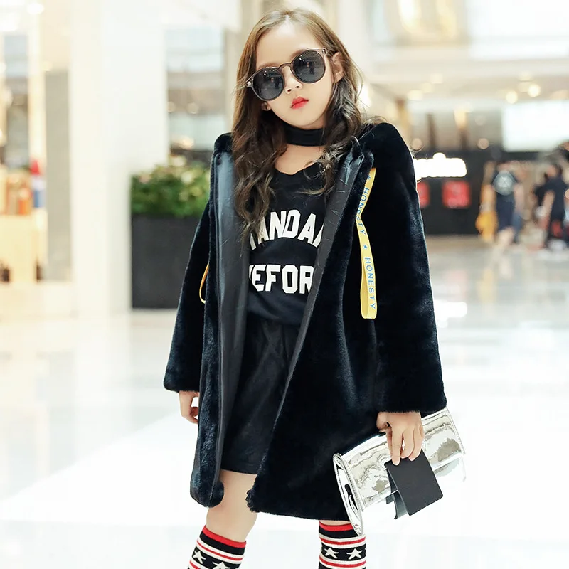 Scsech/детская зимняя куртка для девочек длинное черное пальто с капюшоном из