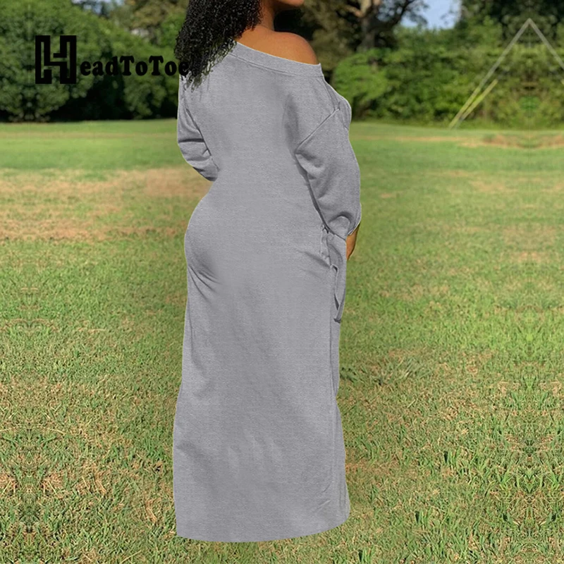 

Solid Lace Up Bow Pocket Skew Neck Elegant Basic Loose Dresses for Women Long Sleeve Floor Length Dress Women