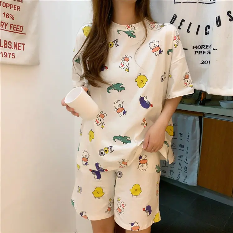 

Women's Sleepwear Cute Cartoon Print Pajamas Set for Women Pajama Set Short Sleeve T Shirts & Shorts Summer Pijama Sleep Tops