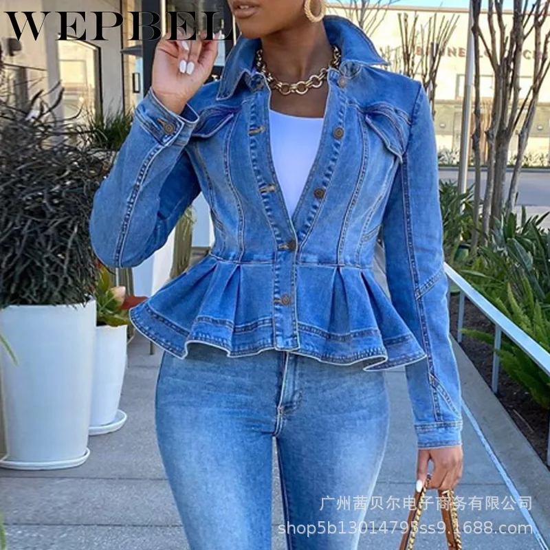 

WEPBEL Spring Autumn Women Denim Short Jackets Skirt Turn-Down Neck Full Sleeve Single-breasted Cascading Ruffles Fashion Coats