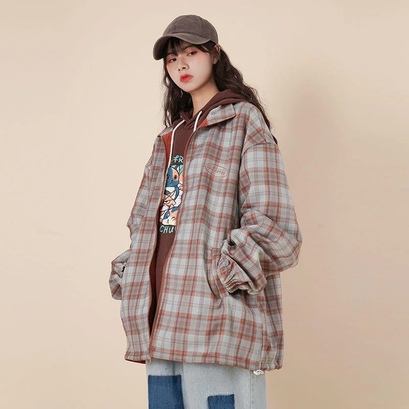 Женская клетчатая куртка в стиле Харадзюку Повседневная Уличная шахматную