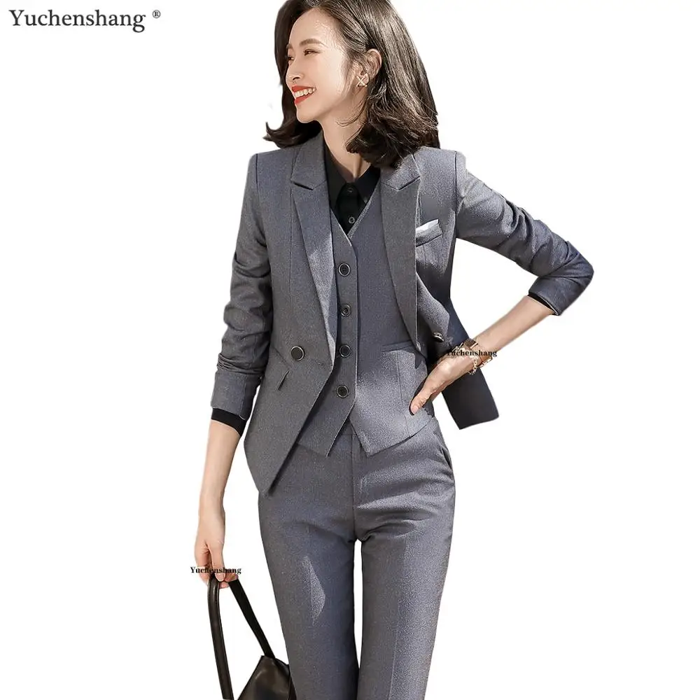 Женский брючный костюм из трех предметов серый черный темно-синий блейзера
