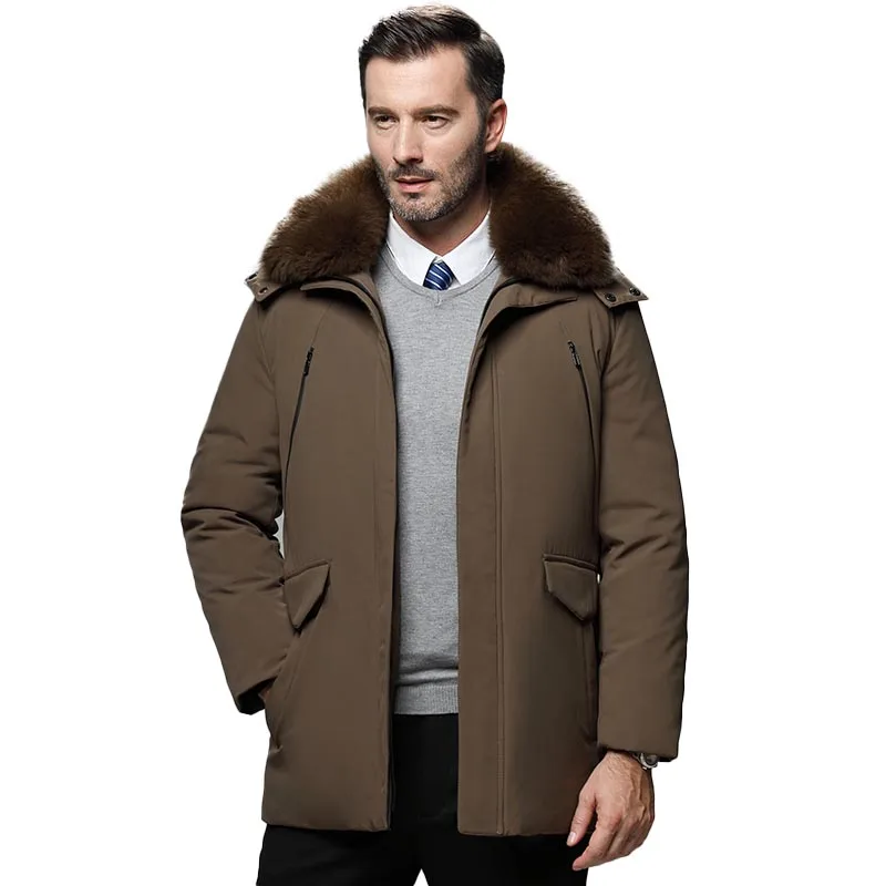 Зимняя мужская куртка на белом утином пуху толстое пальто брендовая с меховым