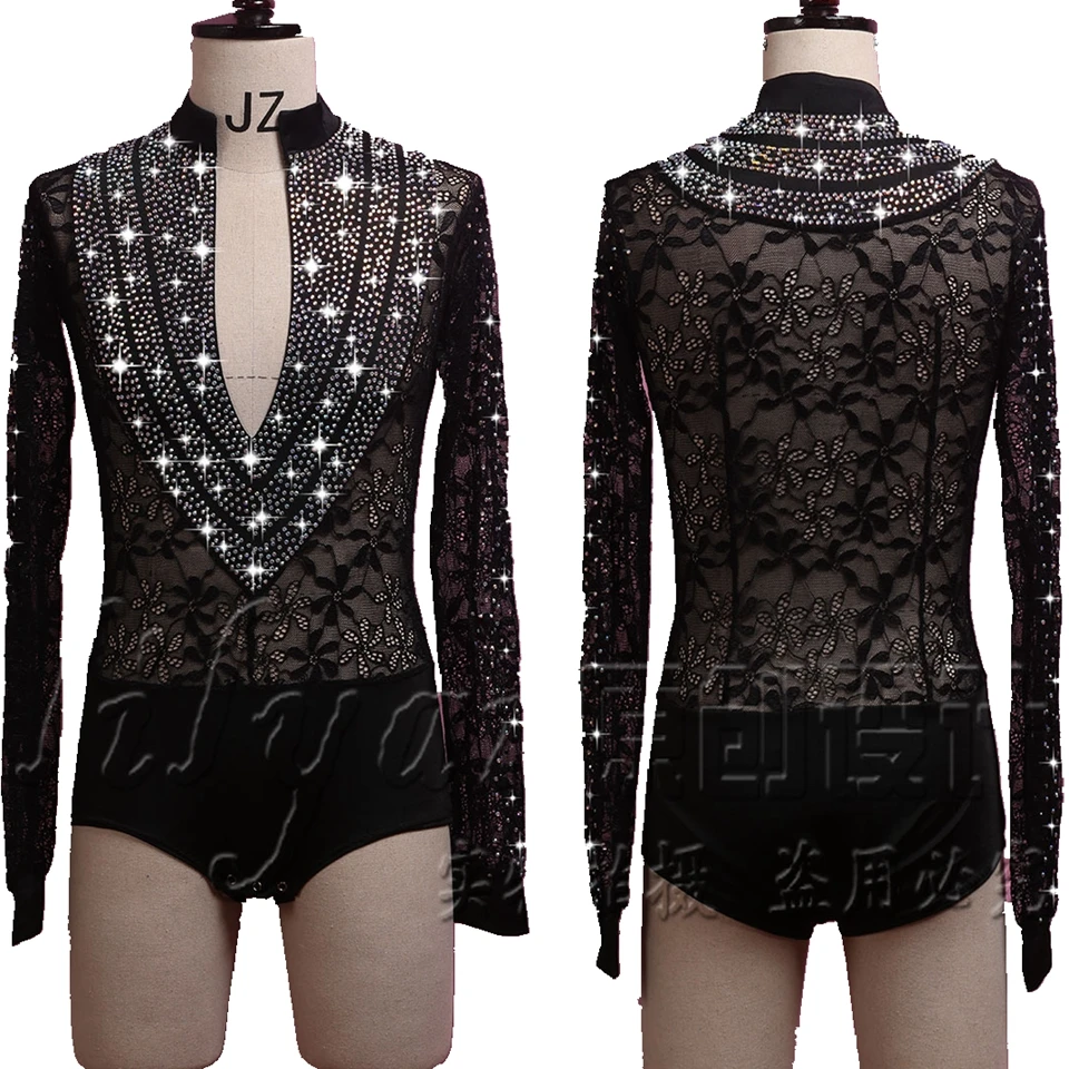 

Блестящие Стразы для латинских танцев Топ для мужчин с длинным рукавом сексуальный глубокий v-образный вырез Кружевная черная рубашка мужс...