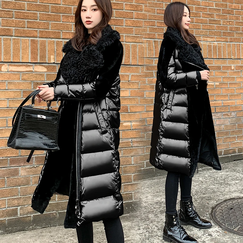 High-End Thicken Long Parkas Women Black Glossy Patchwork Lamb Hair White Duck Down Coat Silver Winter Warm Ladies Outwear New enlarge