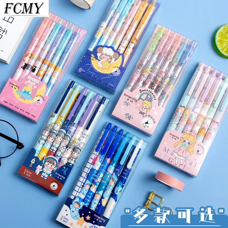 

6pcs/lot Cartoon Cute Press Gel Pen 0.5mm Black Ink Pens for Office School Writing Journal Supplies Stationery Gifts School