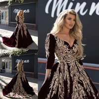 2020 burgundy dubai arabian ball gown prom lace appliqued celebrity v cut long arm evening gown formal pageant dress