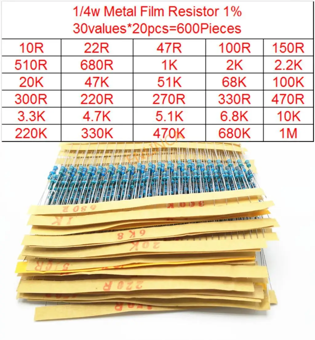 

Комплект металлических пленочных резисторов 1/4 Вт, 600-2600 шт., детали 30-1%, набор электронных Фоторезисторов 1R-10M, модель "сделай сам"