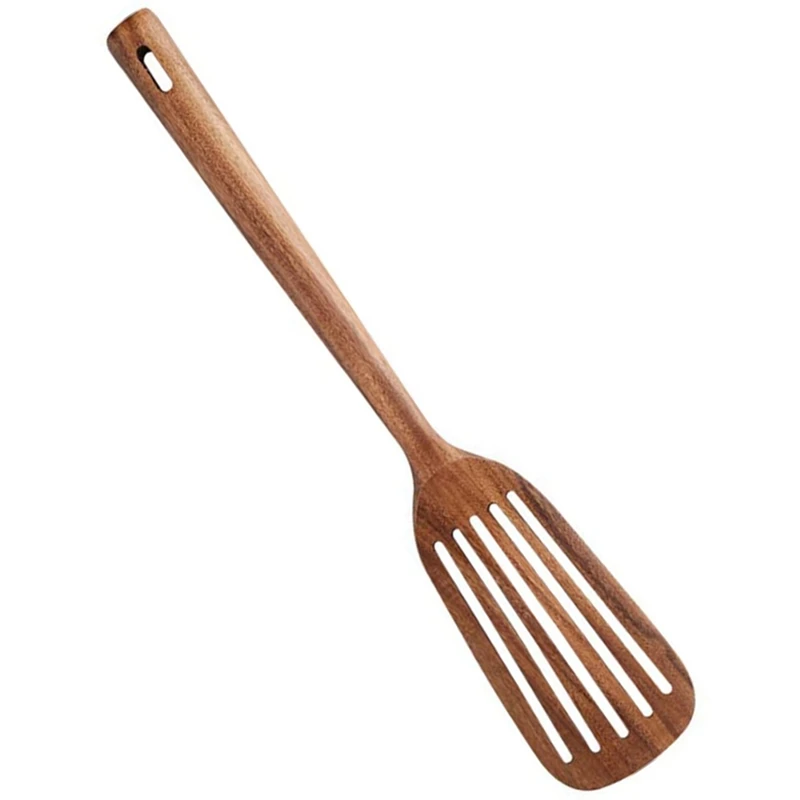 

Wooden Slotted Spatula for Cooking, Natural Teak Long Handle Wood Slotted Turner, Handmade for Non-Stick Cookware