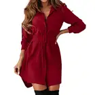 Женское однотонное мини-платье, винтажное однобортное платье для работы с отложным воротником и длинным рукавом, 2021