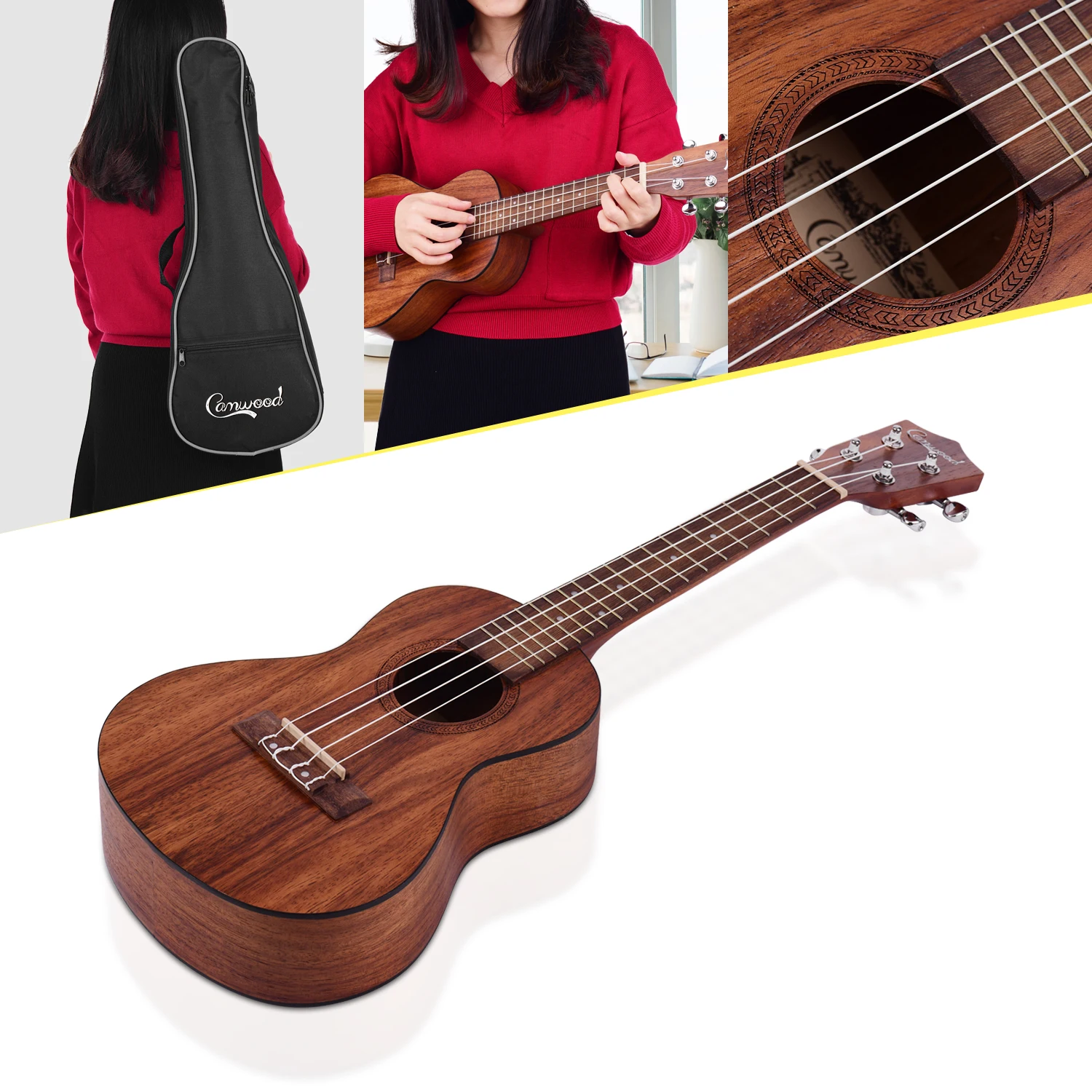 

23 Inch Acoustic Concert Ukulele Teakwood Material with Gig Bag Uke Strap Spare Strings Cleaning Cloth Capo 5pcs Celluloid Picks