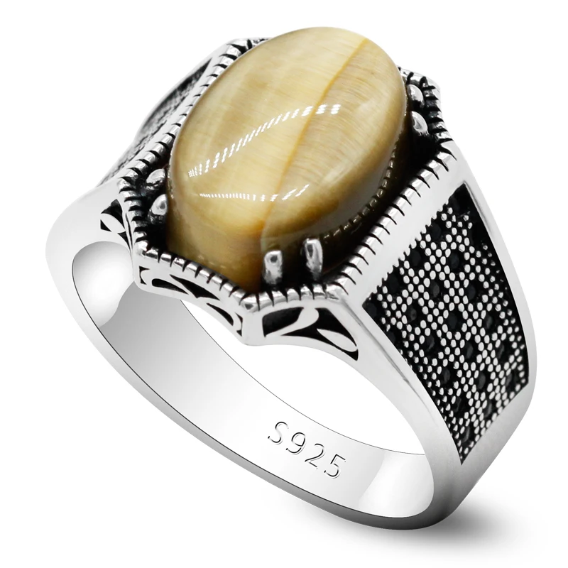 

Natural stone ring men's 925 sterling silver gold tiger eye stone vice stone spinel antique hold lucky ring women's men's Turkis