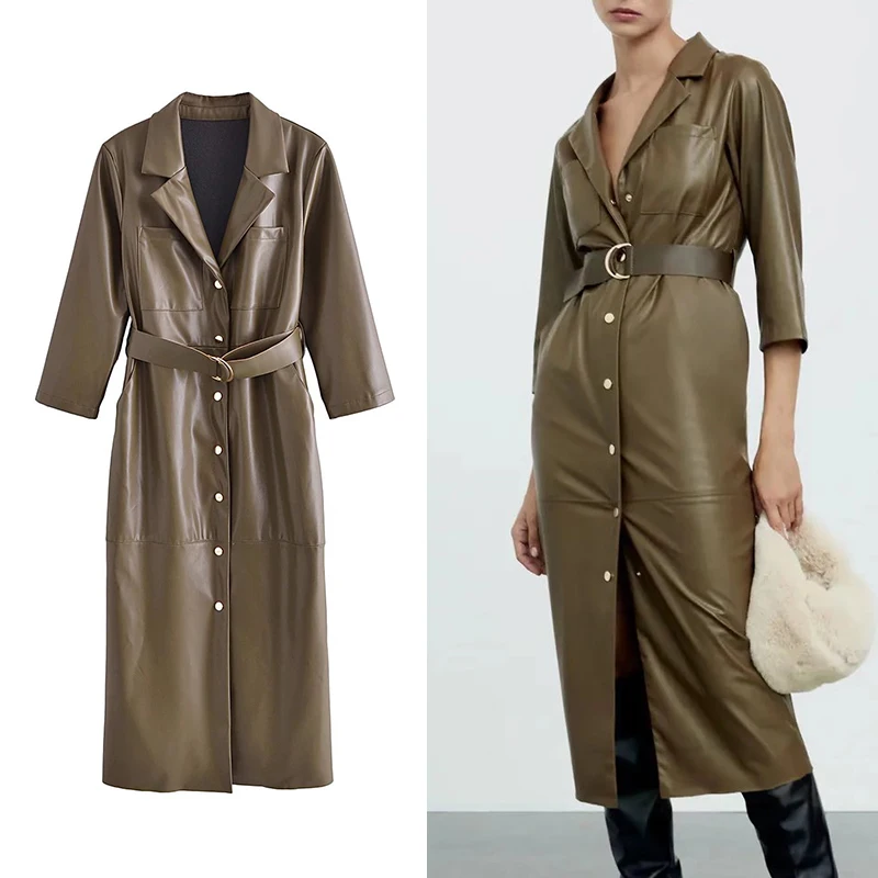 

ZA Autumn Winter PU Dress With Belt 2021 Women A-line Long Elegant Party Vestidos Fashion Pockets Street Leather Outwear