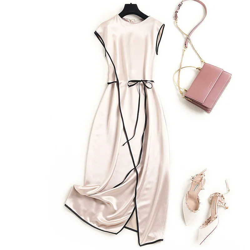 

European boutique women's acetate satin dress 2021 summer new temperament lady sleeveless long skirt 17680