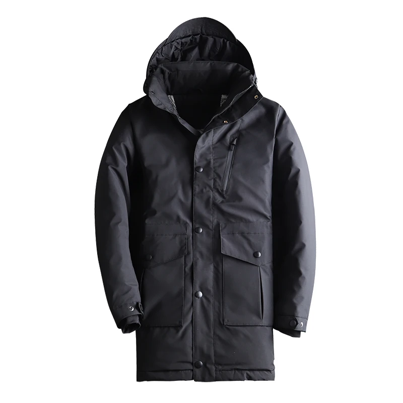 Мужская длинная куртка на утином пуху с капюшоном Утепленная зимняя теплая