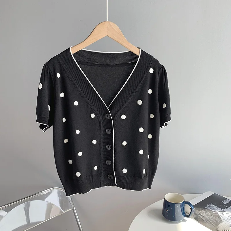 

Chic Ploka Dot Contrast Color Cardigan V-neck Single Breasted Short Sleeve Cardigans Women 2021 Summer Elegant Knitted Crop Top