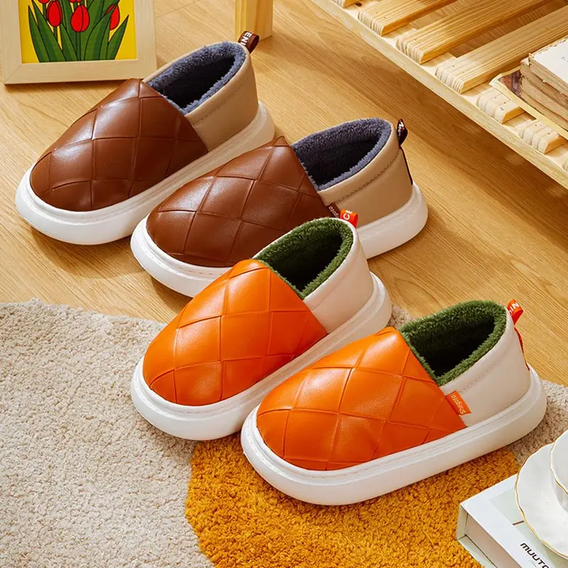 Женские зимние тапочки из искусственной кожи Нескользящие домашние на толстой