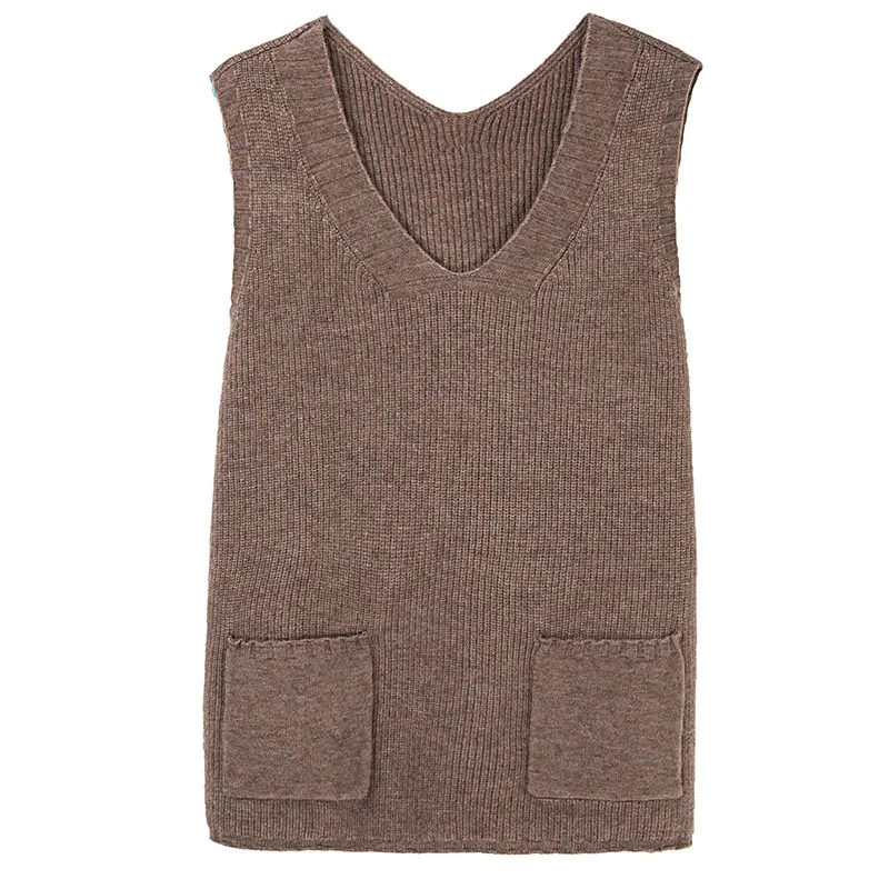 

YISU Women Spring Sweater Long section Solid color V-Neck sleeveless Jumper Female Casual pocket Loose Knitted Pullover