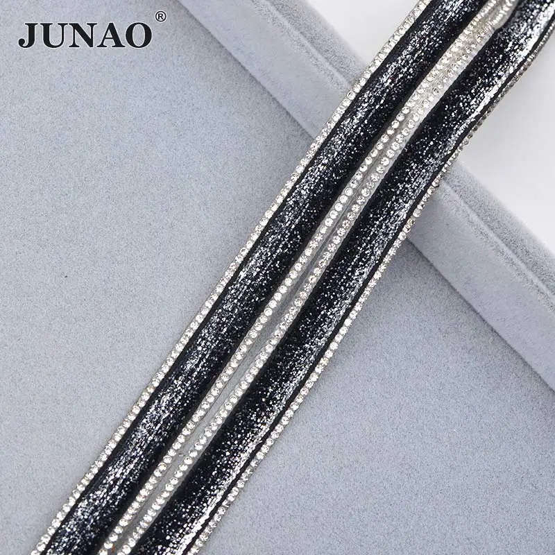 Black JUNAO, 5 ярдов, 15 мм, разноцветные стразы, лента для отделки, горячая фиксация, хрустальные бусины, Полоска, пришитые стразы, камни, пояс для одежды, ремесло, Декор - Цвет: Black