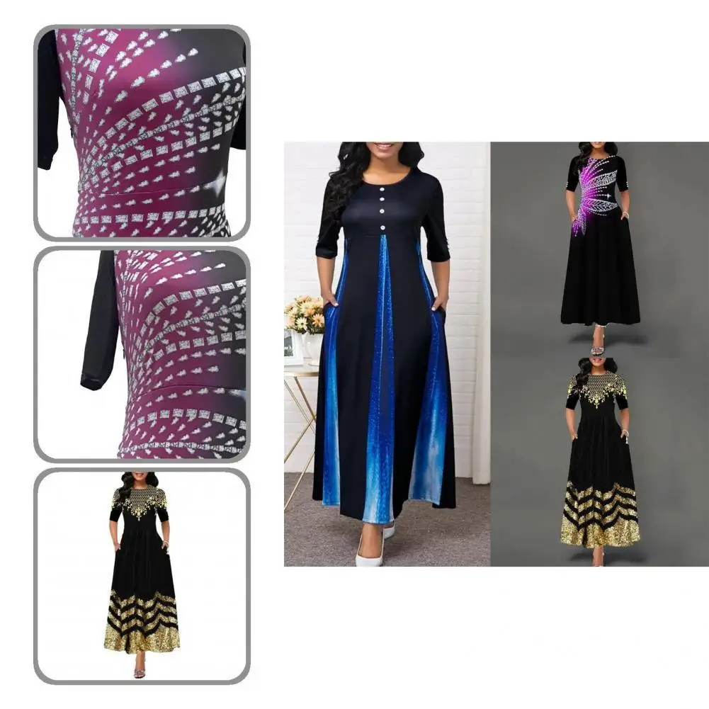 

Women Sexy Round Neck Buttons A Line Party Dress Spring Autumn Maxi Dress Long for Prom