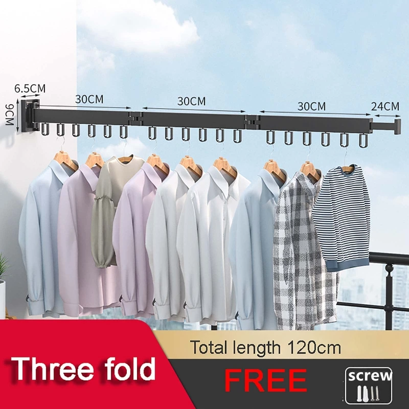 

90/120cm Folding Clothes Hanger Wall Mount Retractable Cloth Drying Rack Indoor & Outdoor Space Save Home Hotel Clothesline