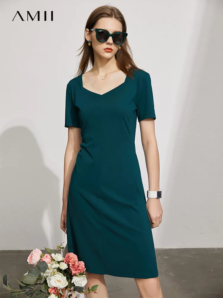 

Amii Minimalism Summer Dress For Women Offical Lady Solid Square Collar Aline Knee-length Green Causal Women's Dress 12130215