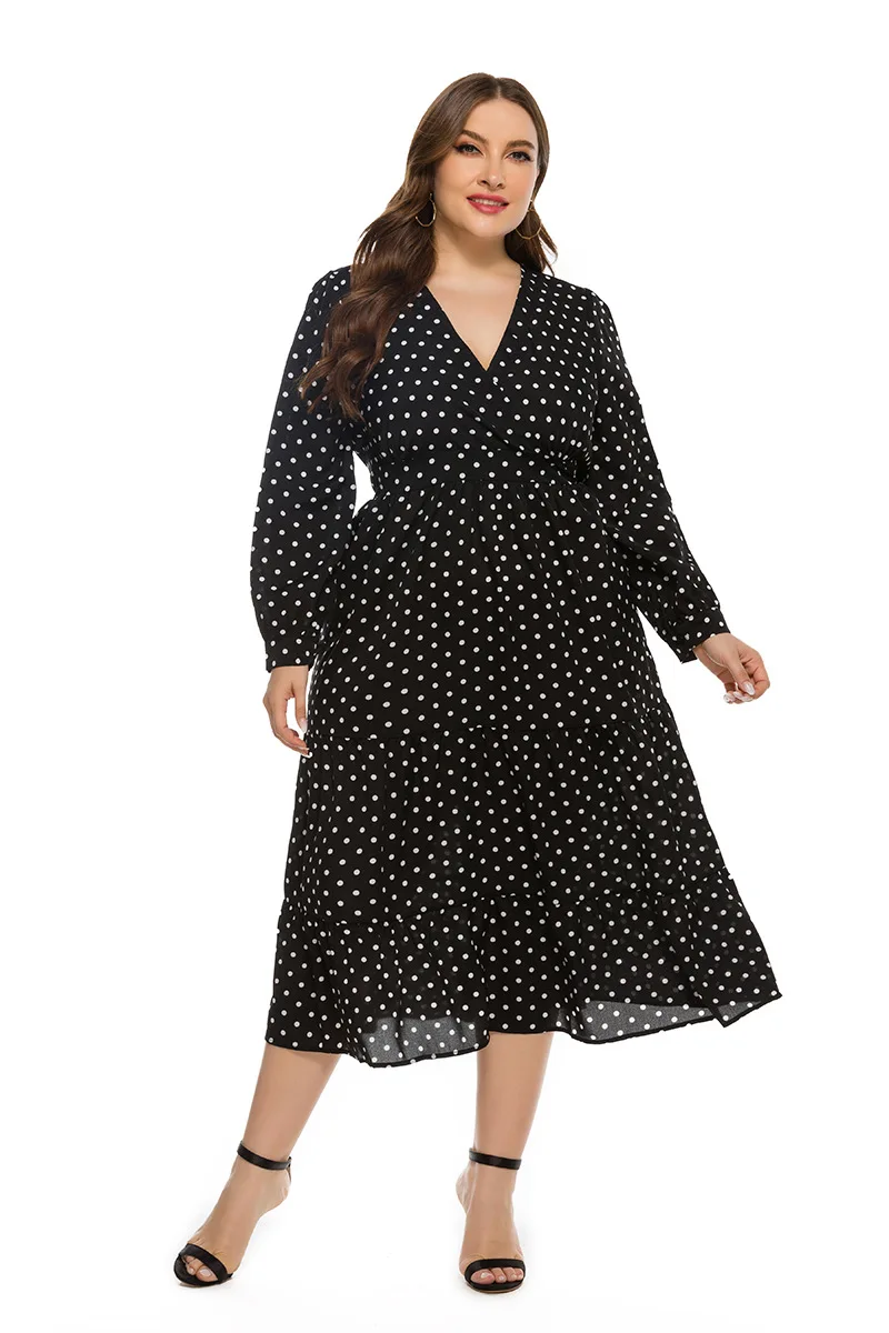 

Women Dress 2021 Real Shot Autumn And Winter New Fashion Loose Plus Size Women's V-neck Long Sleeve Polka Dot Dress Donsignet