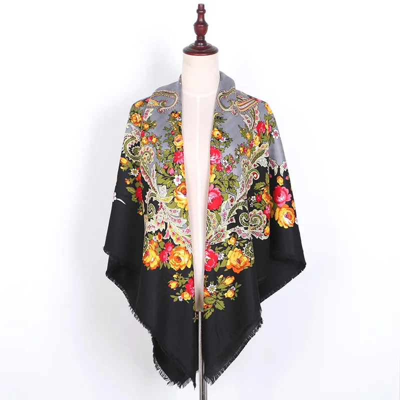 Black with Grey Шарф Babushka, головной платок, российские шали, женские большие квадратные пончо с пейсли, женские шейные платки, платок Manton Manila - Цвет: Black with Grey