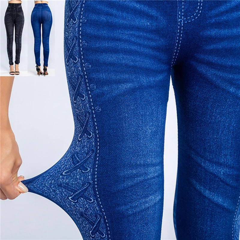 

Women 2021 Imitation Distressed Denim Jeans Leggings Casual High Waist Slim Elastic Pencil Pants Fitness Workout Fashion Legging