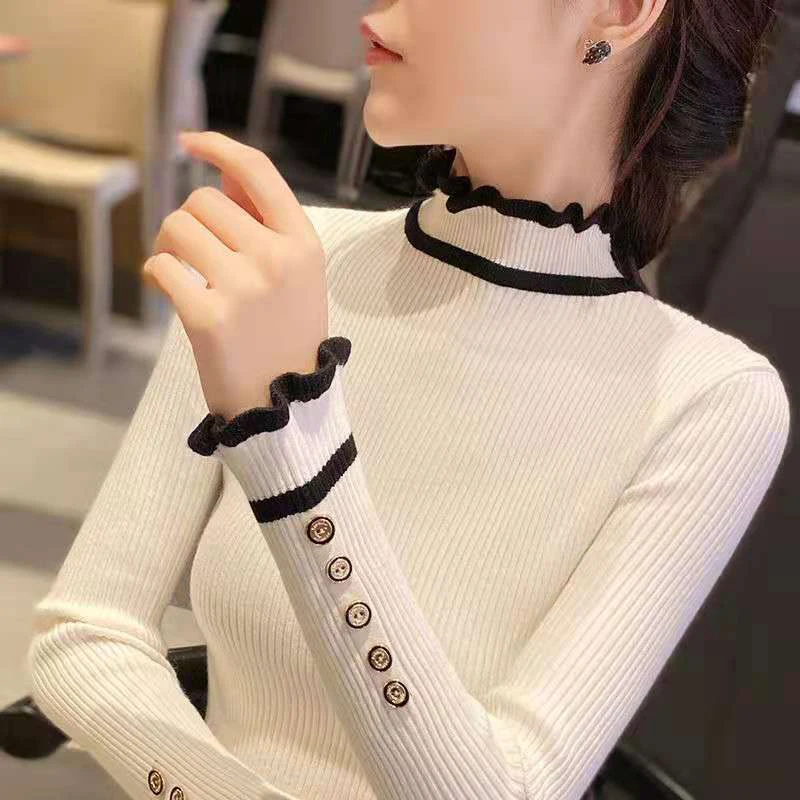 

Lucyever 2021 Autumn Winter Women's Sweaters Fashion Button Ruffles High Collar Ladies Sweater Inner Wear Slim Knitted Pullovers