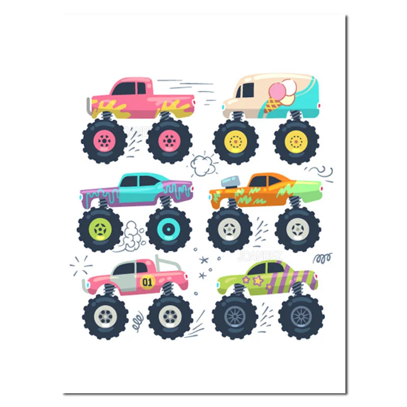 

Cartoon Canvas Painting Beautiful Colored Car with Wheel Pattern Nordic Living Room and Bedroom Walls Art Deco Background Poster